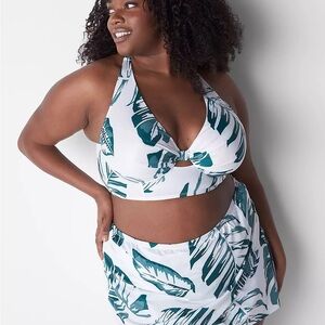 Cacique Green-White Palm Faux Wrap swim skirt with Tropical Print, sz 34 NWT